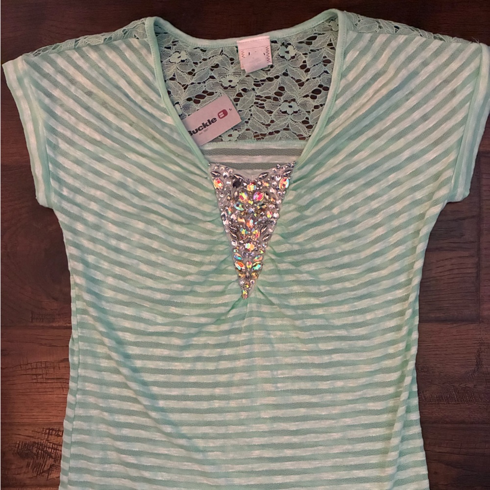 Daytrip Mint Green Striped Short Sleeve Top with Sequin Triangle